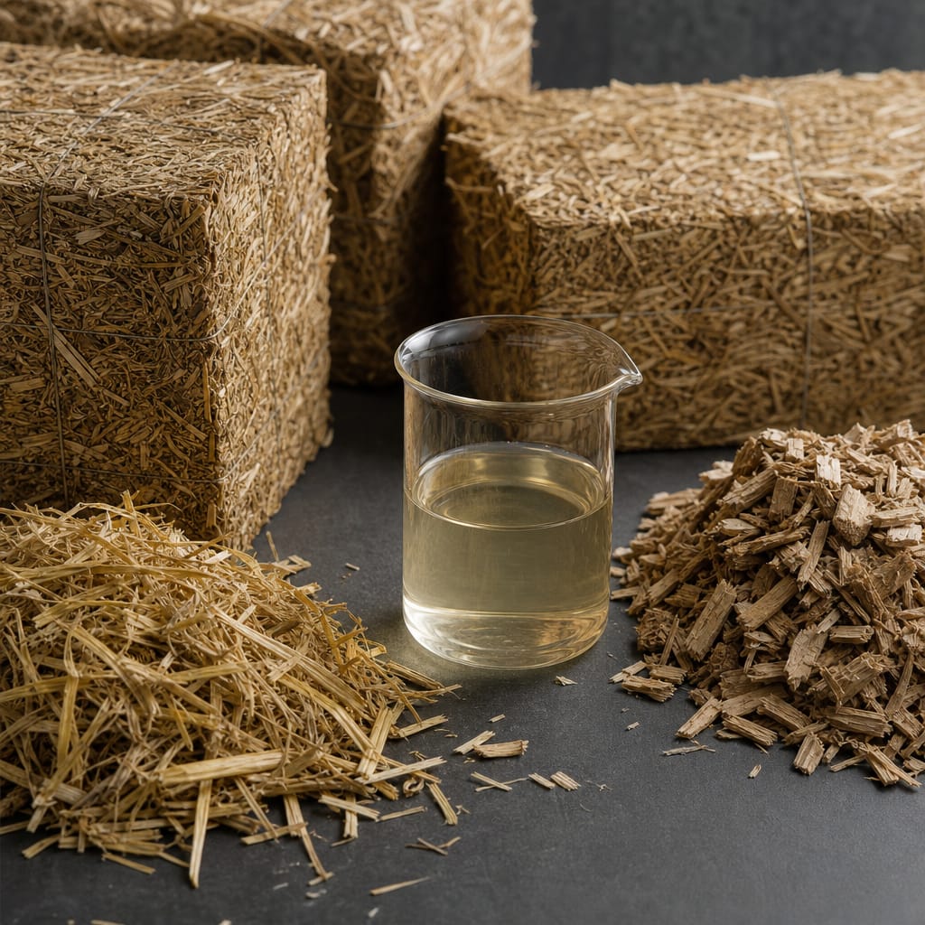 Baled crop residue and wood chips beside a beaker of pale liquid on a graphite surface