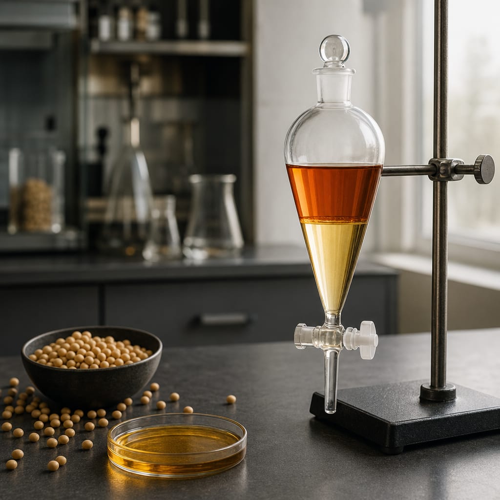 A laboratory separating funnel with amber oil and ester layers beside soybeans
