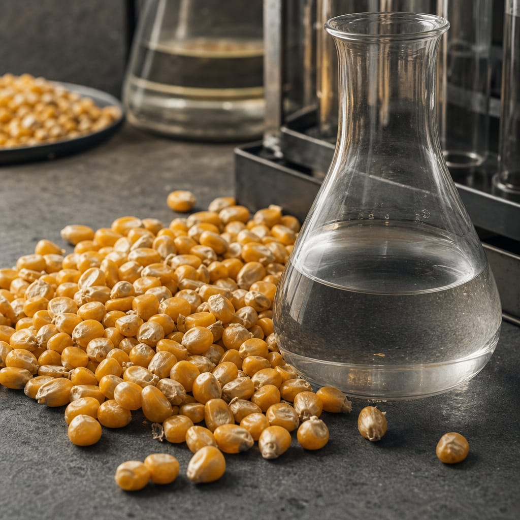 Golden corn kernels beside a glass of clear ethanol on a graphite surface