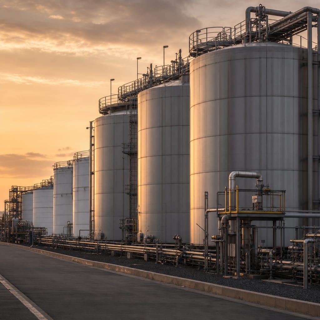 Storage and processing tanks at a biofuel production facility