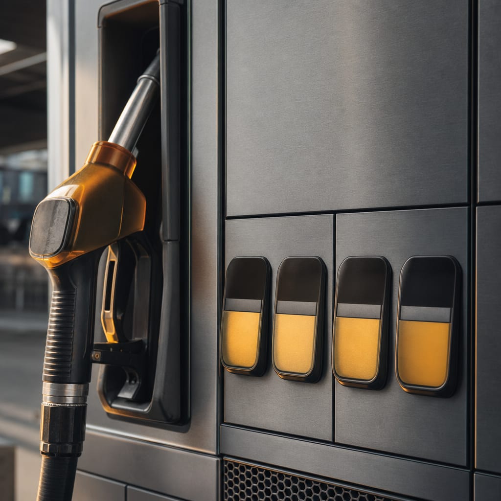 A fuel-pump nozzle and blend-selector buttons on a dispenser in graphite and amber tones
