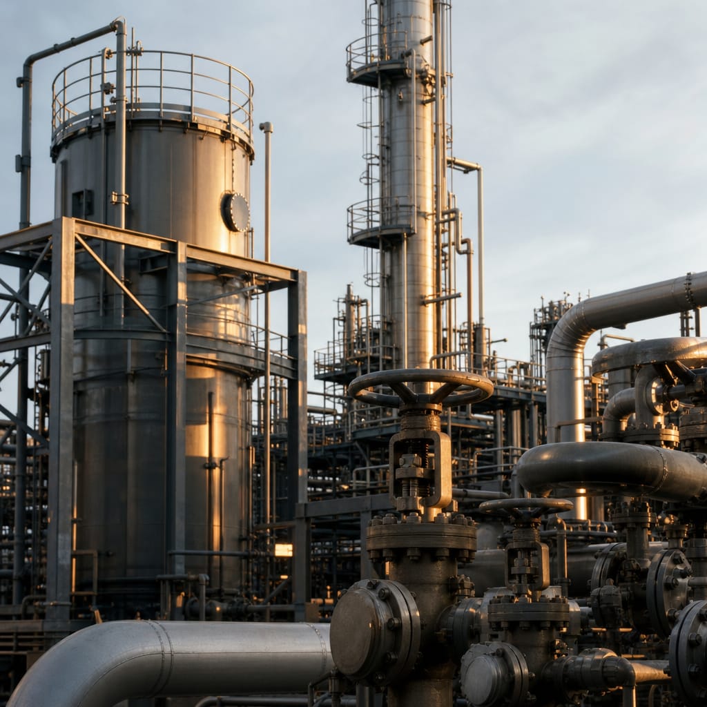 Industrial process pipework and a distillation column at a biofuel plant