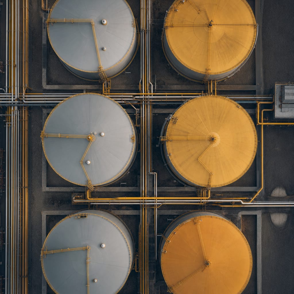 Overhead view of biofuel terminal tanks and pipework forming a geometric pattern