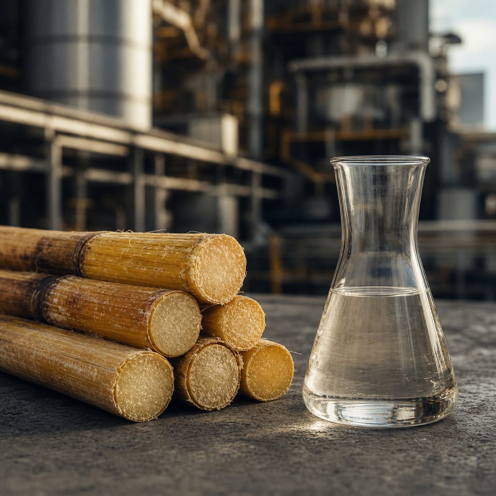 Cut sugarcane stalks beside a glass of clear ethanol on a graphite surface